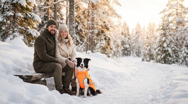 A cheerful couple sits on a bench in a snowy forest, warmly dressed for winter. Their playful dog, wearing an orange jacket, stands beside them in the golden glow of sunset.