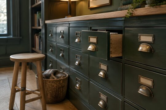 Mid height band of dark green painted card catalog drawers built into a study alcove wall with one drawer pulled slightly open
