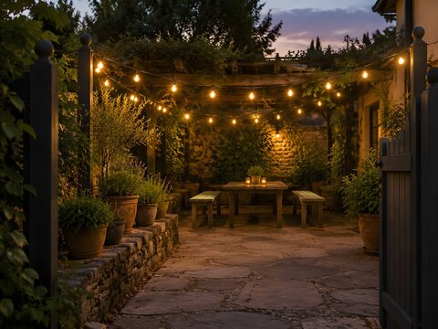 Warm filament string lights slung low between two chalk painted posts over a courtyard nook