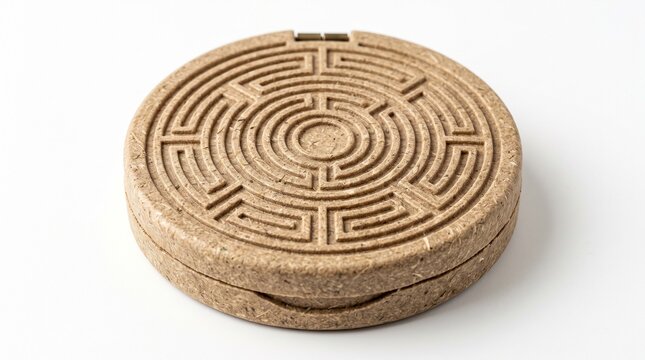 Eco-friendly natural cork maze puzzle box on white background, round circular labyrinth brain teaser game, wooden texture pocket stress relief toy