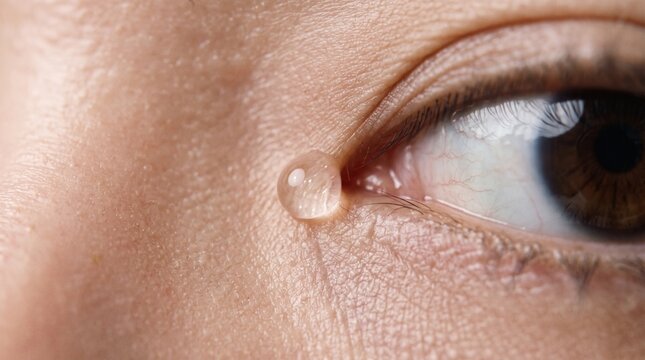 Macro close up of tear drop in eye corner, clear hydrating liquid gel drop for dry eye treatment, human brown eye care concept