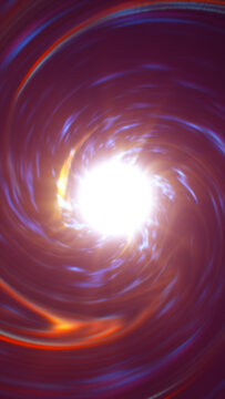 Blue and orange light trails spiral around a brilliant white core, forming an abstract energy vortex against a deep burgundy background.