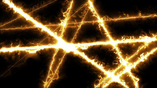 Golden abstract energy background with bright plasma beams, smoky dark texture, and powerful electric lightning effects.
