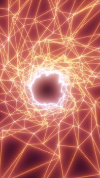 Glowing orange wireframe network surrounds a dark circular portal, creating a futuristic abstract energy gateway.
