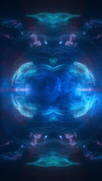 Symmetrical pink and blue energy clouds form a luminous butterfly-like portal with a glowing center on a dark cosmic background.