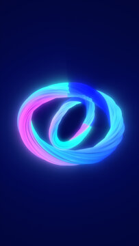 Intertwined neon loops glowing in blue, cyan, and pink form a futuristic abstract sculpture against a dark background.