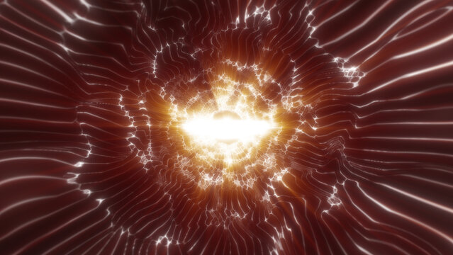 Glowing abstract energy core with white and golden light bursting through red digital wave lines and futuristic motion.