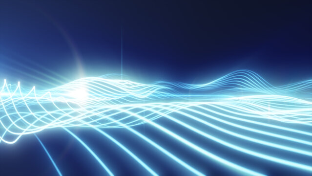 Blue and cyan glowing light waves flowing across a dark background, creating a futuristic digital stream with soft lens flare.