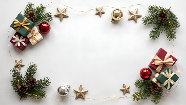 Christmas frame made of fir branches, gifts, baubles and stars isolated on white background