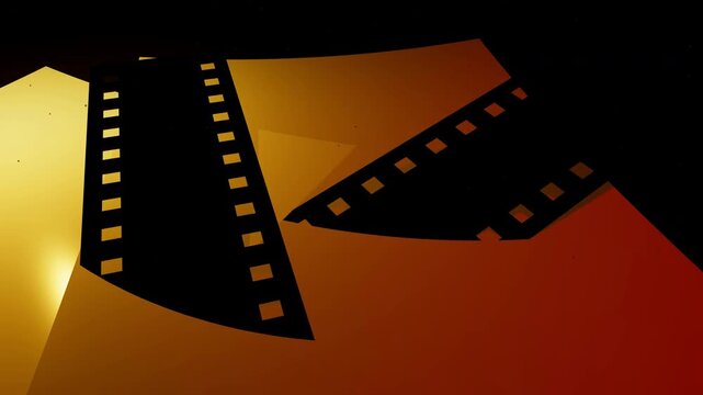 Cinematic Film Strip: A stylized 3D motion graphic featuring a classic 35mm film strip against a dark, moody background illuminated by a warm orange glow.