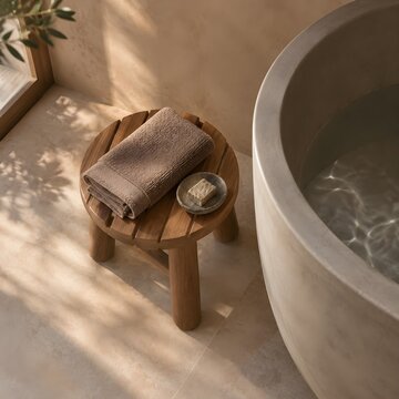 A rounded floating teak stool with a slatted seat carrying a folded clay toned towel and a small stone dish beside a bathtub
