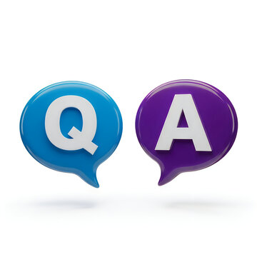 Blue question mark and purple answer mark in speech bubbles