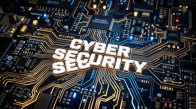 3D rendered white cyber security text resting on a dark computer motherboard featuring glowing orange circuit traces, microchips, binary numbers, and a secured processor chip in a technology concept
