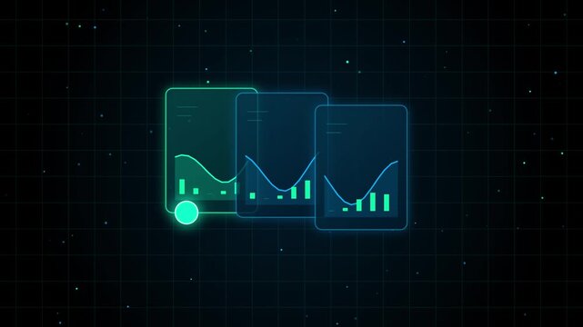 Digital financial analytics dashboard with animated data charts and graphs on dark grid background finance