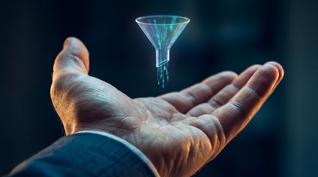 Businessman hand holding glowing digital data funnel representing sales analytics filtering and information processing strategy
