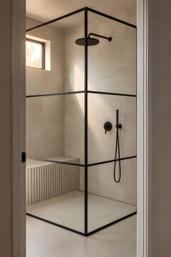 Corner shower with a slim black grid enclosure over clear glass