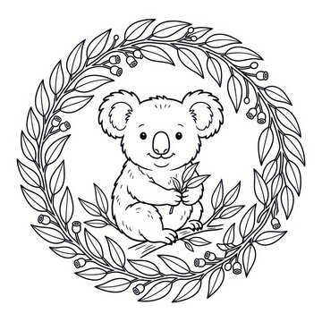 Cute koala coloring page with eucalyptus wreath