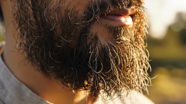 Extreme close-up of a bearded man's face, focusing on the texture and detail of his beard, illuminated by warm, soft sunlight during golden hour.