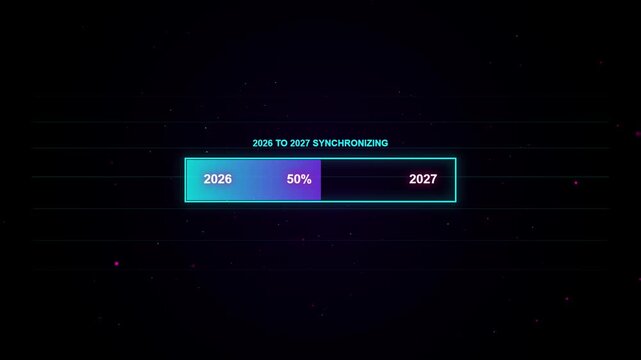 Futuristic 2026 to 2027 data synchronization progress bar animation, digital loading interface for tech presentations and new year transitions