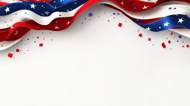 Waving American flags and confetti border the top of a clean white background, creating a patriotic design element.   