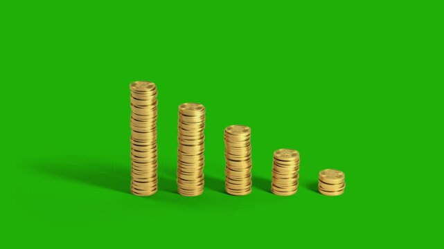 Stacked golden coins forming a growing financial bar chart graph on a keyable green screen background