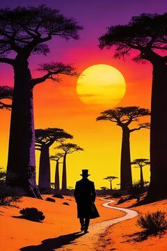 A mysterious man in a top hat walks alone down a path lined with baobab trees beneath a fiery sunset in bold pop art style
