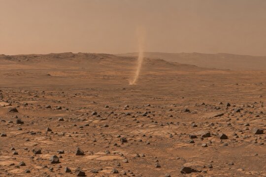 Thin dust devil moves across an empty rocky plain
