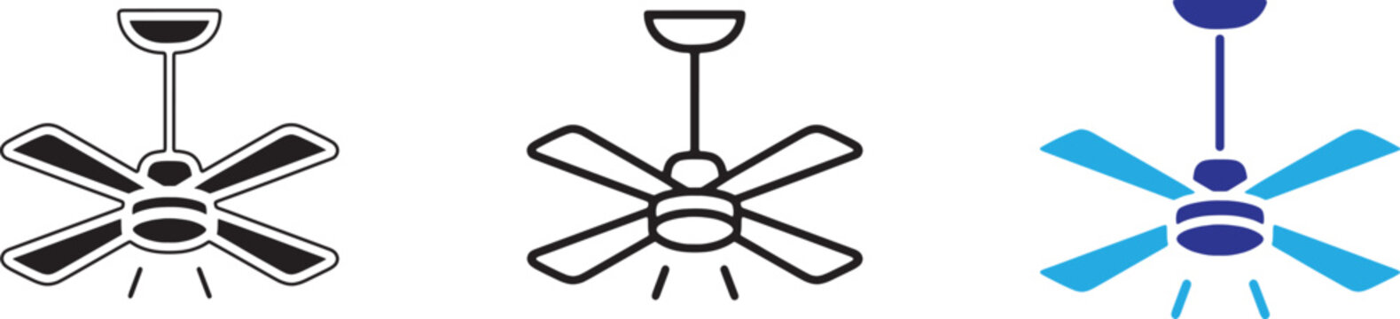 Set of ceiling fan icons, vector illustration of cooling appliances with light fixtures in different styles