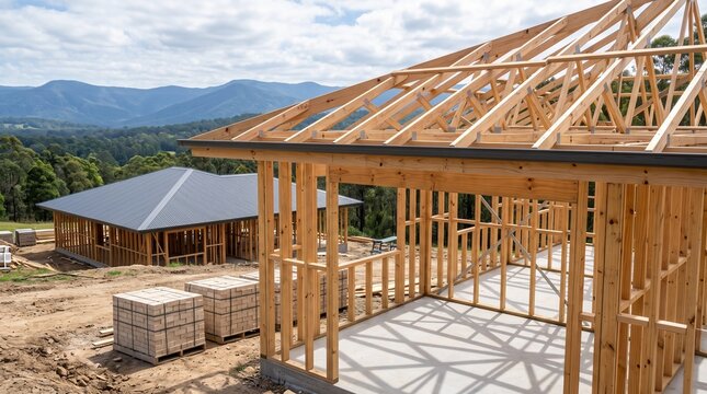 Wooden framing of a new house under construction on a rural hillside with mountain views in the background