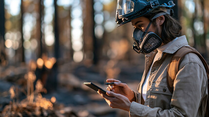 Fototapeta premium Environmental damage assessment specialist wearing protective helmet and respirator documenting a burned forest after a wildfire, charred tree trunks, scorched soil and damaged