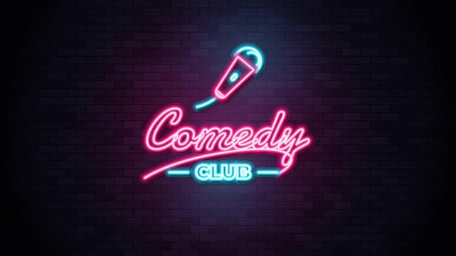 Flickering Neon Sign Displaying Comedy Club Text with Microphone Icon on Dark Brick Wall Background