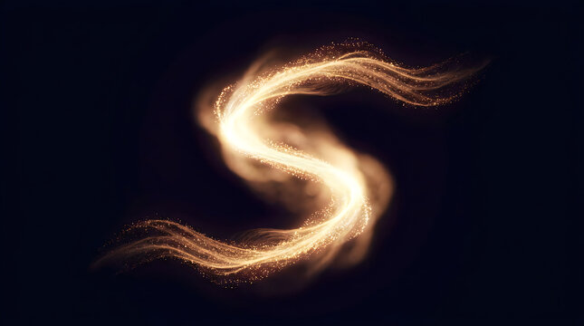 Letter S Golden Light Trail Abstract Graphic Element with Glowing Particles on Black Background for Design