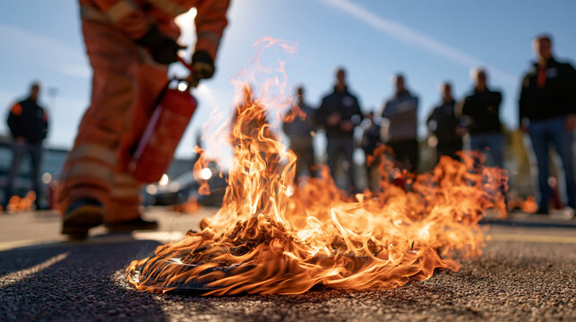 Workplace employees participating in outdoor fire extinguisher training, instructor in protective clothing demonstrating proper extinguisher handling with a controlled training