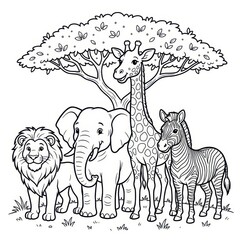 Obraz premium Cute safari animals coloring page line art
