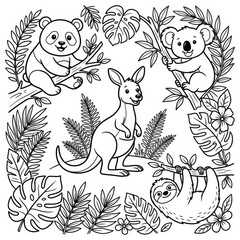 Obraz premium Cute animals coloring page with panda koala kangaroo and sloth