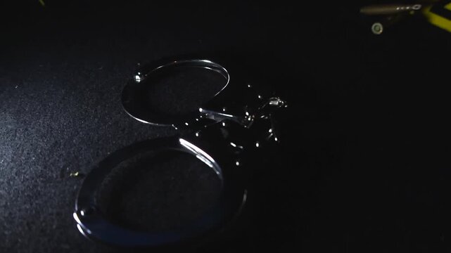Dramatic crime scene with metal handcuffs and a bullet shell next to a yellow evidence marker, all illuminated by the flashing red and blue lights of a police car siren on a dark night