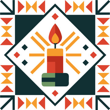 Geometric Christmas Candle with Flame and Festive Ornamental Border, Modern Holiday Design, Editable Vector Isolated on Transparent Background