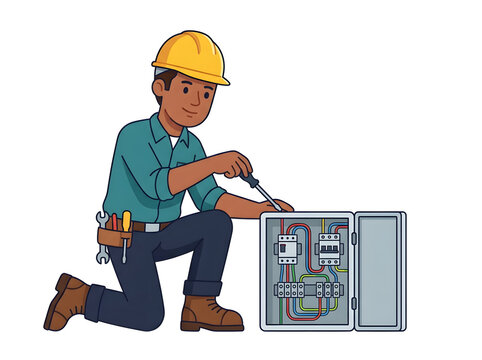 Electrician fixing an open electrical panel isolated on white background