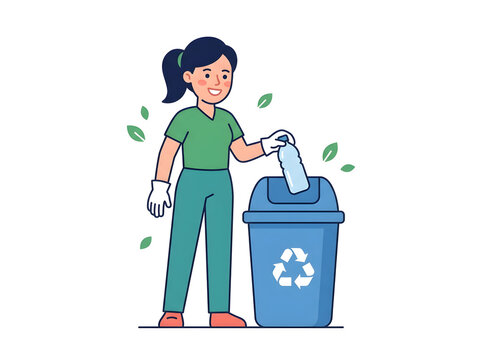 Girl recycling plastic bottle in trash bin isolated on white background