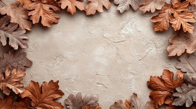 Flat lay of dried oak leaves with neutral beige textured background and copy space for invitation.
