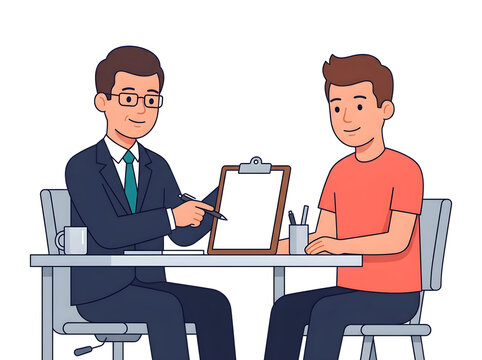 Man interviewing young candidate at table isolated on white background