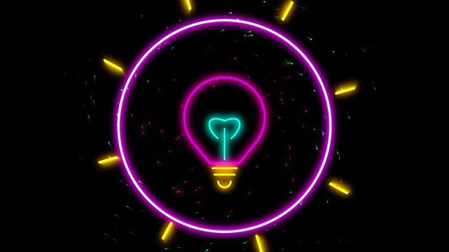 Abstract neon light bulbs in circular frames with holographic motion loop on black background