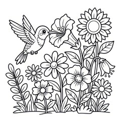 Obraz premium Hummingbird and flowers coloring page vector