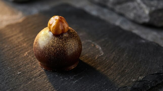 Gourmet Dark Chocolate Truffle Sphere Garnished with Roasted Hazelnut on Natural Slate Stone Surface Luxury Confectionery Sweet Dessert Culinary