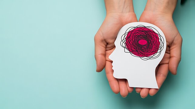 Mental health concept with hands holding a human head containing a colorful brain symbol representing psychology, thoughts and emotional wellbeing