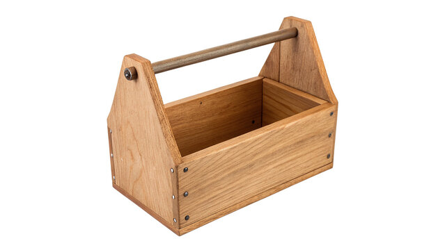 Empty wooden tool box caddy with handle on transparent background