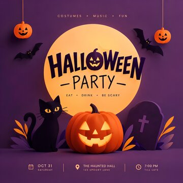 Halloween party invitation flyer with jack-o-lantern and black cat halloween invitation celebration fullmoon