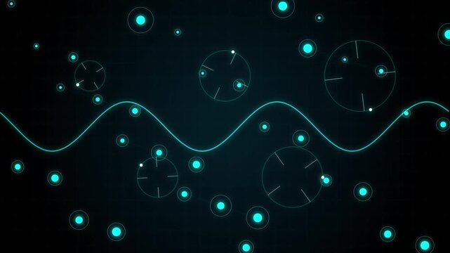 Abstract quantum medical technology background with looping blue lines and circular particles