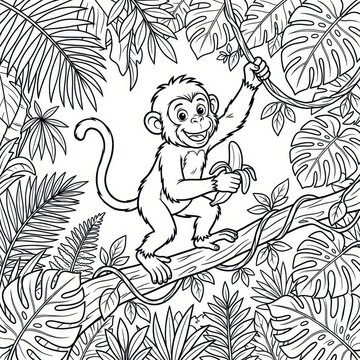 Cute monkey in jungle coloring page