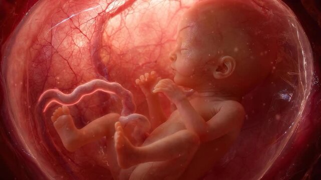 Developing human fetus inside the womb with visible umbilical cord and blood vessels. Pregnancy, prenatal development, fetal health, and reproductive medicine concept.